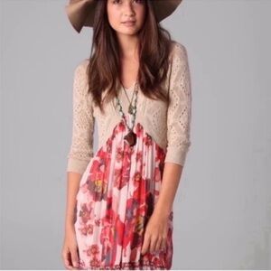 FREE PEOPLE ETHNIC BOHO RED ROSE FLORAL DRESS with attached Cardigan